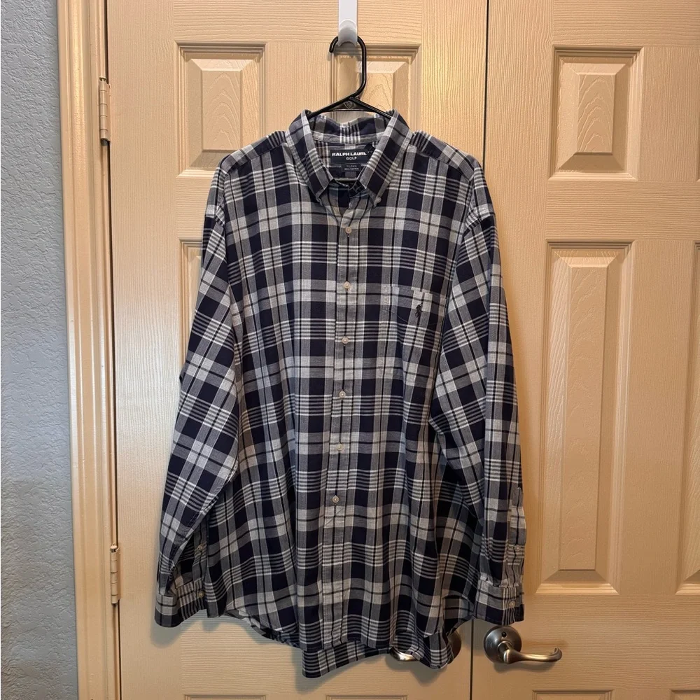 Ralph Lauren Golf Tilden XXL LT Polo‎ Plaid Button-Down Shirt Cotton Navy/White